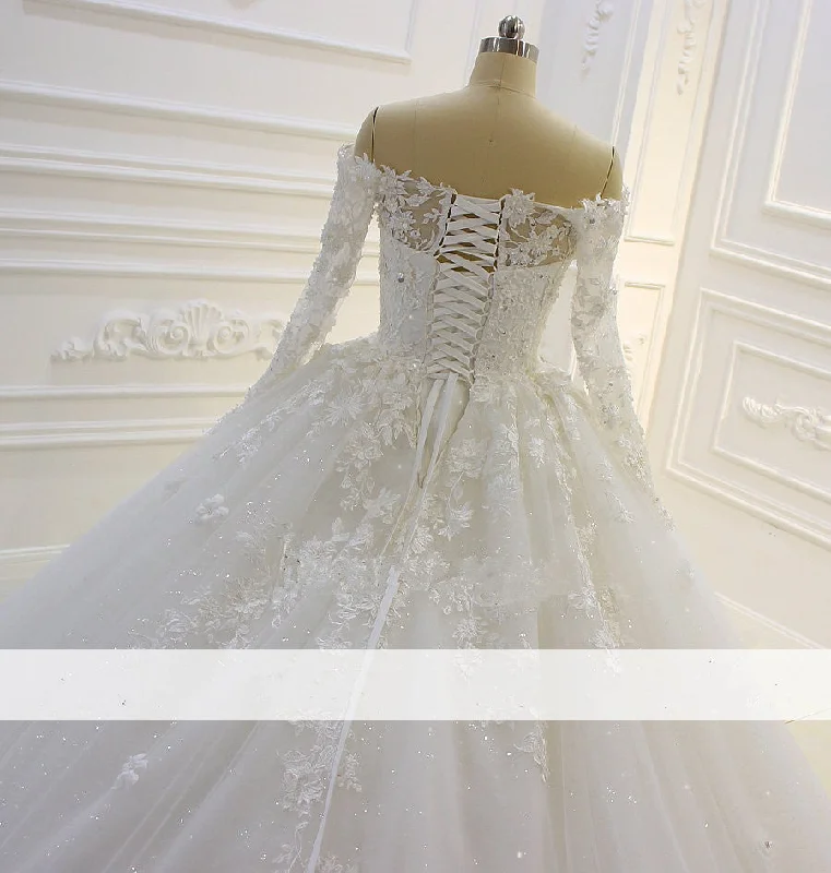 Tulle Ball Gown Wedding Dresses Lace Long Sleeves Off Shoulder