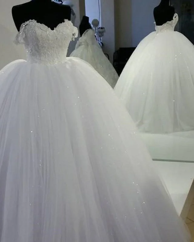 White Lace Off Shoulder Tulle Wedding Dresses Ball Gowns