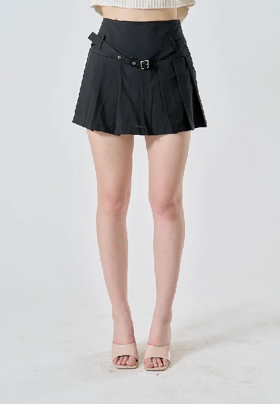 Winslow Black Pleated Sexy Mini Skirt with Belt