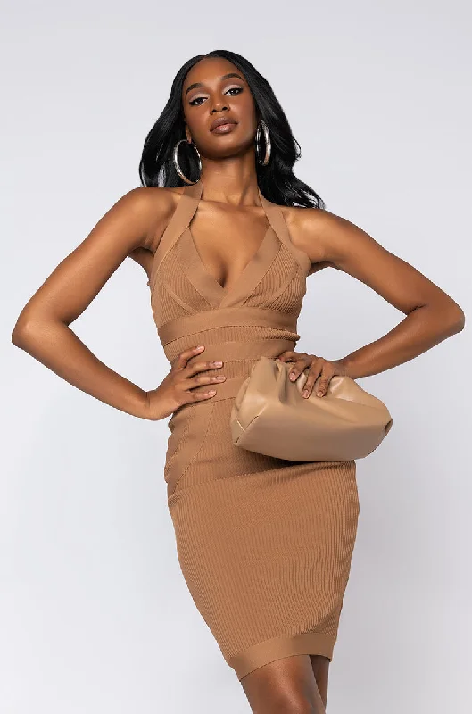 GOT ME GOOD HALTER NECK MIDI DRESS LIGHT BROWN