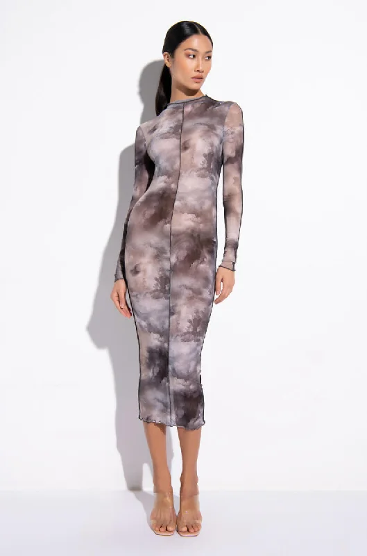 HEAD IN THE CLOUDS MESH MIDI DRESS GREY