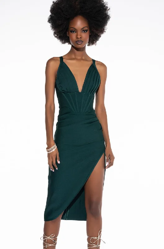 SEE YOU SOON BANDAGE MIDI DRESS WITH HIGH SLIT EMERALD