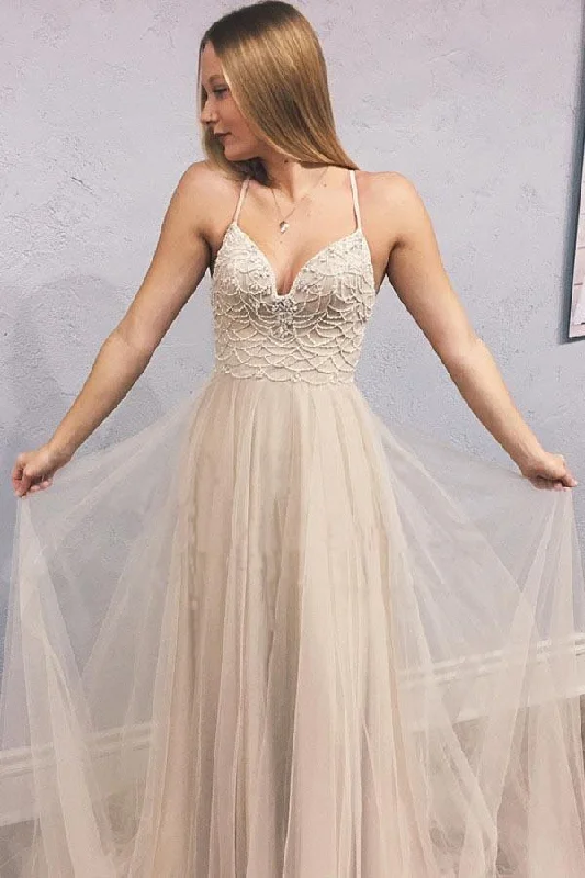 Save More When You Shop More!A-line Empire Straps Beading Criss Cross Back Tulle Long Prom Dress PG825