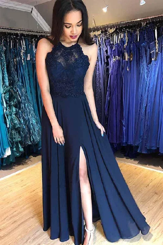 Today Only – Don’t Miss It!A-line Navy Blue Chiffon Split Long Prom Dress with Beading PG826