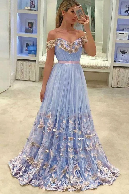 New Discounts Just Dropped!A-Line Off-the-Shoulder Light Sky Blue Tulle Prom Dress with Appliques PG816