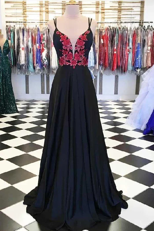 Don't Miss Out!A-line Satin Spaghetti Straps Floral Appliques Black Long Prom Dress PG863 Don't Miss Out!A-line Satin Spaghetti Straps Floral Appliques Black Long Prom Dress PG863