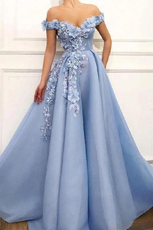 Save More with Every Purchase!Sky Blue Off the Shoulder Flower Appliques Long Beautiful Prom Dress  PG845
