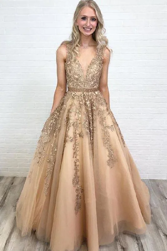 Must-Have Deals Inside!A-line V Neck Open Back Gold Lace Long Prom Dresses with Beading PG849