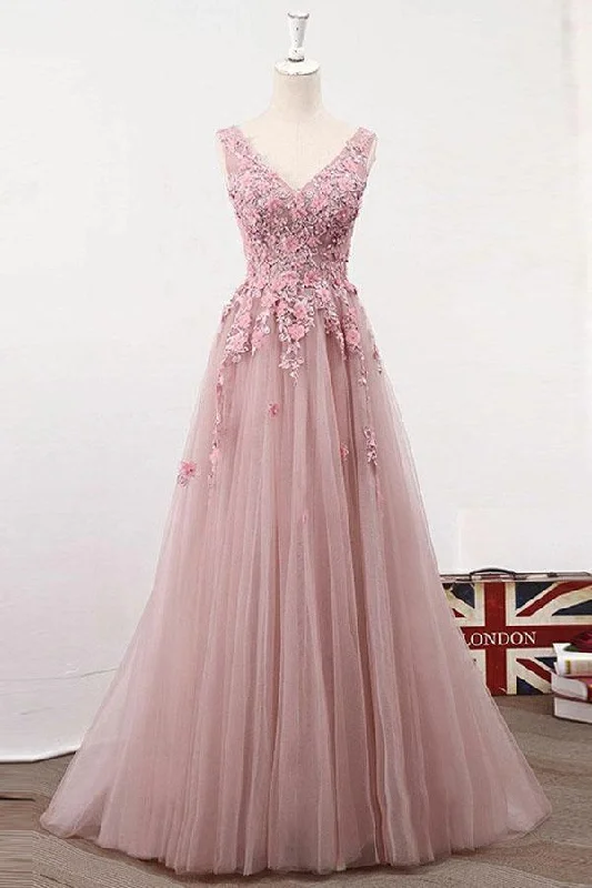 Every Deal is a Steal!A-Line V-Neck Pink Tulle Prom/Evening Dress with Appliques Beading PG817