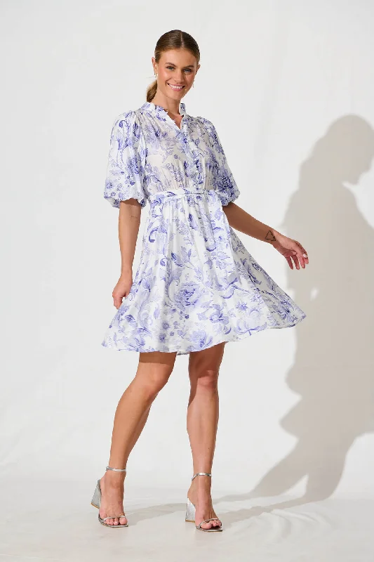 Best Offers of the Month!Aerida Dress in White with Blue Print Cotton Blend