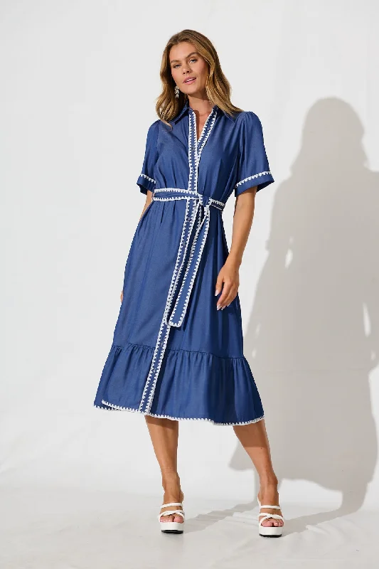 Stock Up and Save!Aurora Midi Shirt Dress In Blue With White Contrast Stitch