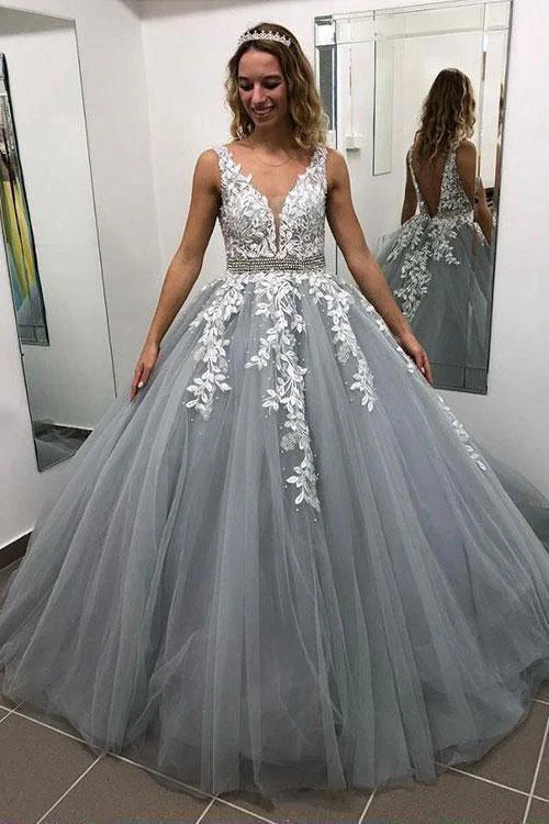 Price Drops You’ll Love!Ball Gown Grey V Neck Long Prom Dresses Tulle Evening Dresses PG847 Price Drops You’ll Love!Ball Gown Grey V Neck Long Prom Dresses Tulle Evening Dresses PG847