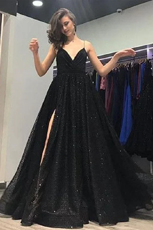 Your Chance to Save is Now!Ball Gown V Neck Open Back Split Sequin Black Long Prom Dresses PG819