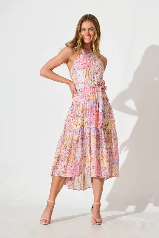 Act Fast – Limited Time Savings!Besiana Midi Halter Neck Dress in Pink Multi Patchwork