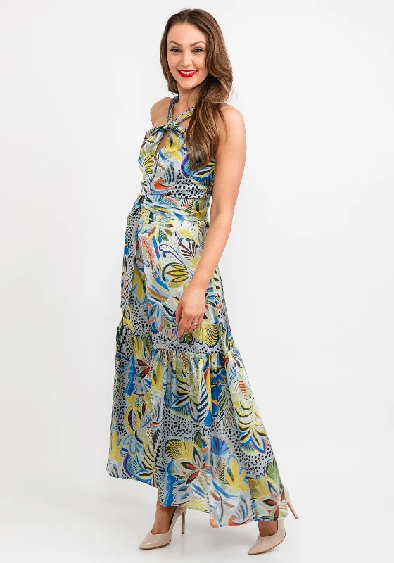 Special Discounts Inside!Camelot Halter Neck Leaf Print Satin Maxi Dress, Green Multi