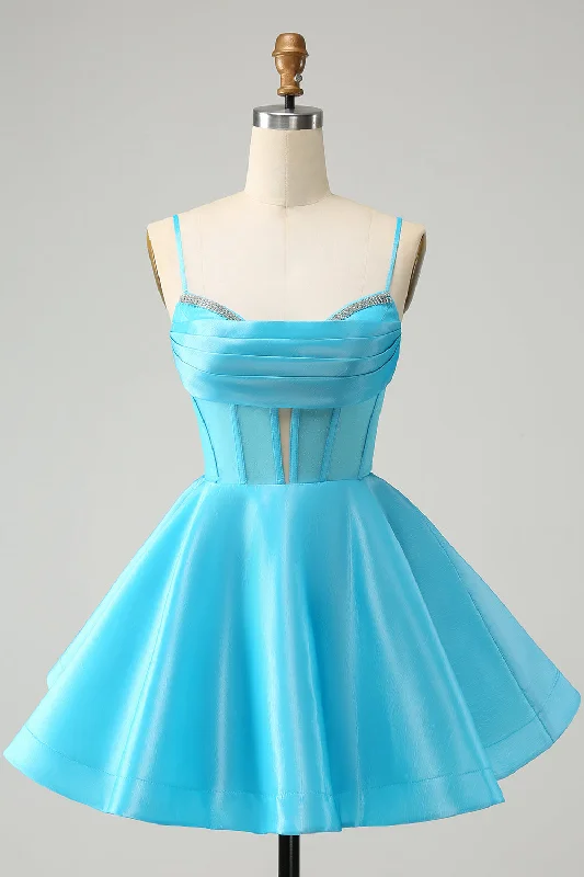Shop Today, Save Tomorrow!Cute Glitter Blue A Line Spaghetti Straps Corset Graduation  Dress with Beading