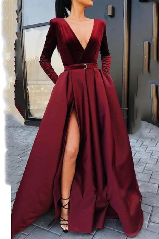 Exclusive Savings This Week!Deep V Neck Long Sleeves Burgundy Floor-Length Prom/Evening Dress PG812