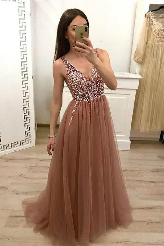 Hurry, Sale Ends Soon!Dusty Rose Tulle Beaded Long Prom Dress with Lace Up Back PG843