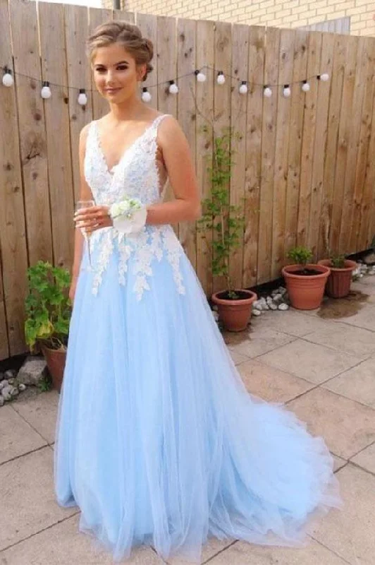 Your Chance to Save is Now!Elegant Blue Tulle A line V neck Lace Long Prom Dresses Formal Dresses PG848 Your Chance to Save is Now!Elegant Blue Tulle A line V neck Lace Long Prom Dresses Formal Dresses PG848
