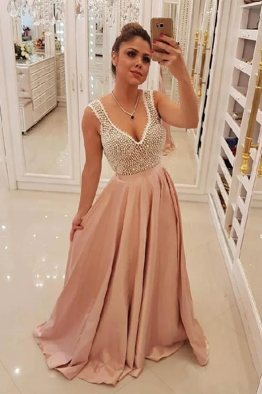 Save More When You Shop More!Elegant Blush Pink Long Prom Dresses Unique Pearls Bodice Evening Dress  PG841