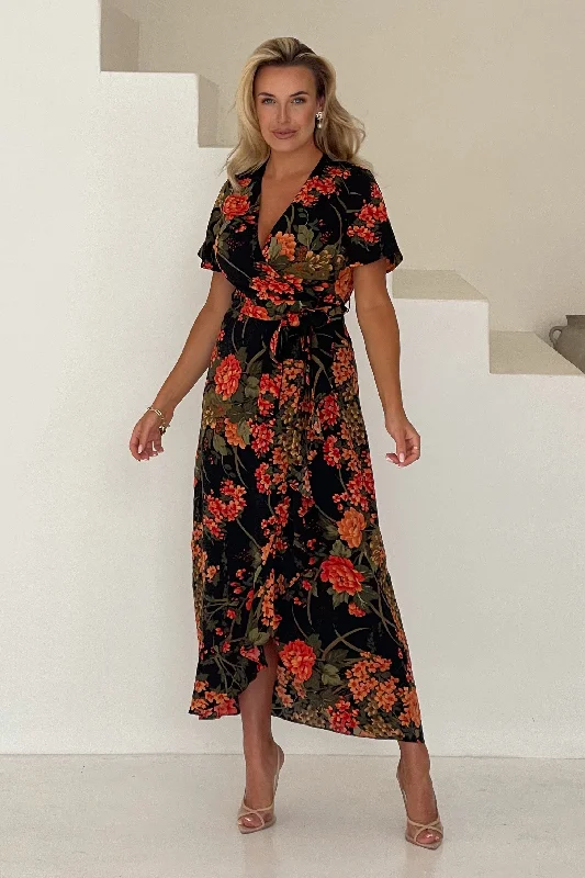 Shop Before It’s Gone!Farrah Split Hem Frill Maxi Dress In Brown Floral