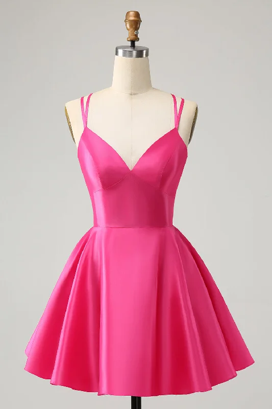 Best Offers of the Month!Fuchsia A Line Spaghetti Straps Backless Short Cute Graduation Dress