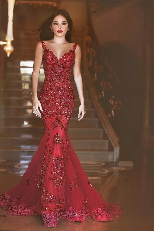 Buy More, Save More!Glamorous Burgundy Mermaid Sequins Prom Dress Appliques Sweep Train PG814