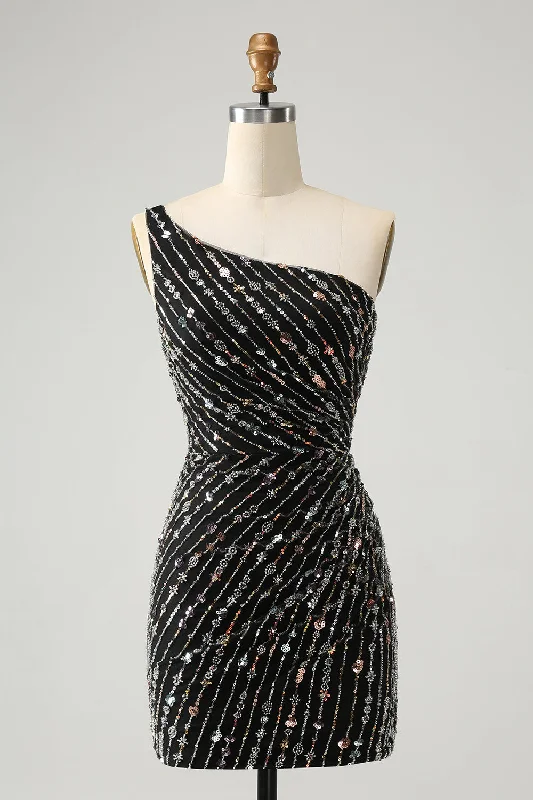 Don’t Wait – Shop Today!Glitter Black One Shouder Tight Short Graduation Dress with Beading