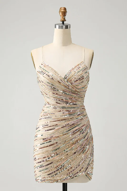 Incredible Savings Inside!Glitter Champagne Spaghetti Straps Tight Short Graduation Dress with Sequins