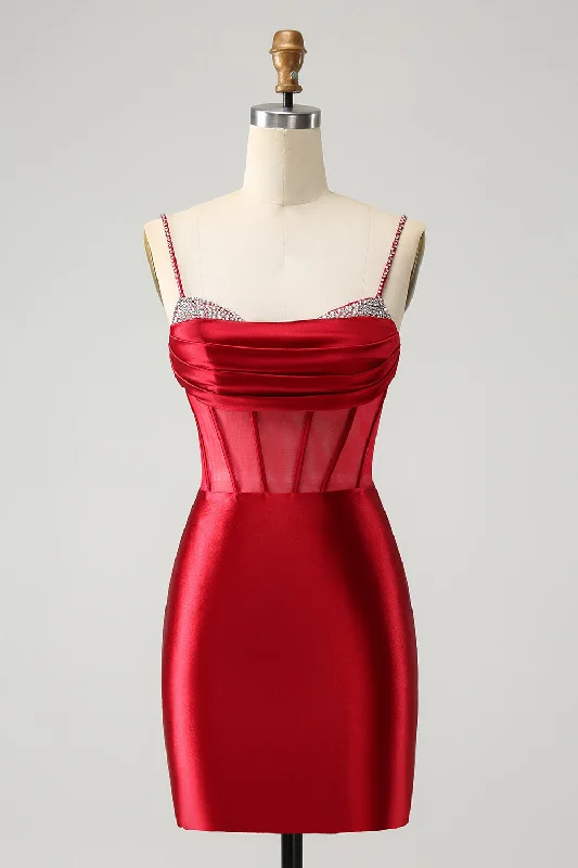 Hurry! While Supplies Last!Glitter Dark Red Beaded Corset Satin Short Graduation Dress