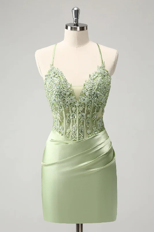 Savings You Can’t Ignore!Glitter Green Spaghetti Straps Beaded Appliques Tight Corset Graduation Dress