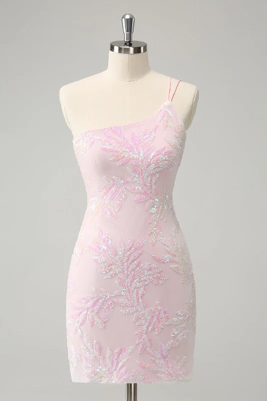Limited-Time Price Drop!Glitter Pink One Shoulder Tight Graduation Dress with Sequins