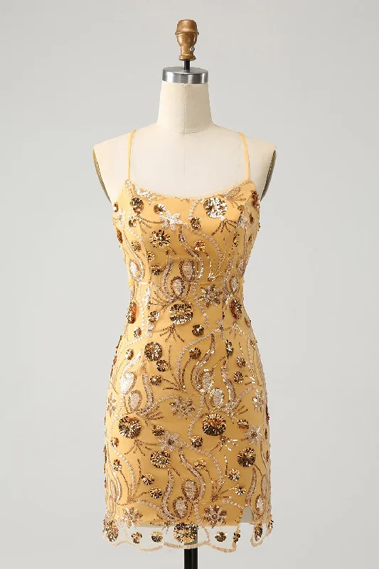 Must-Have Deals Inside!Glitter Yellow Sequined Embroidery Tight Short Graduation Dress with Beading
