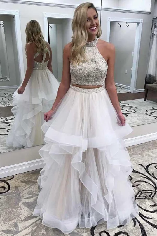 Exclusive Offers You’ll Love!Gorgeous Two Piece High Neck Tulle Ivory Long Prom Dress With Beads PG865 Exclusive Offers You’ll Love!Gorgeous Two Piece High Neck Tulle Ivory Long Prom Dress With Beads PG865