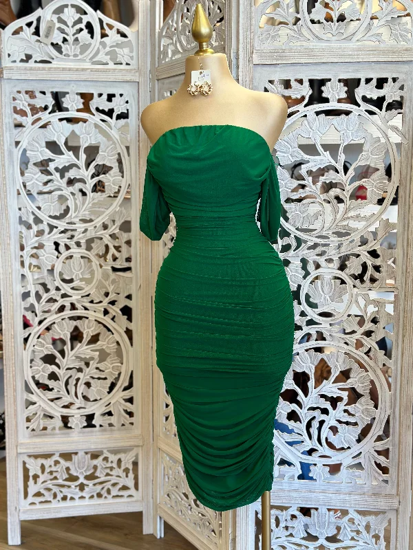 Special Discounts Inside!Green Off Shoulder Midi Ruched Dress- Stretchy