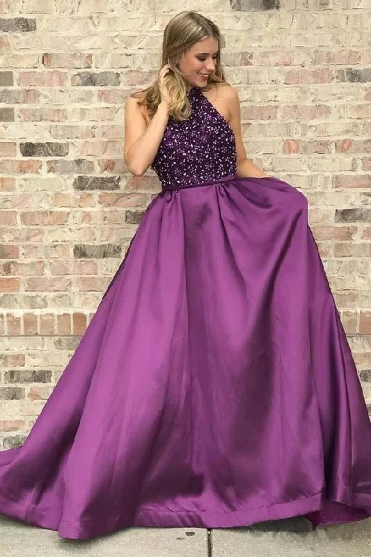 Massive Price Cuts!High Neck Purple Long Prom Dresses Beaded Elegant Junior Prom Dress PG839