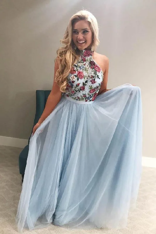 Save Up to 50% Off!High Neck Tulle Sky Blue Long Prom/Formal Dress with Embroidery PG860 Save Up to 50% Off!High Neck Tulle Sky Blue Long Prom/Formal Dress with Embroidery PG860