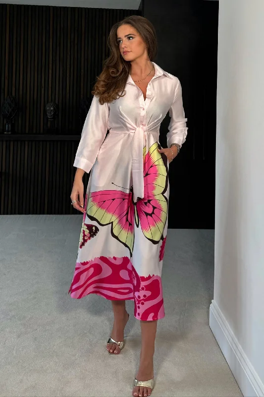 One Day Only – Huge Savings!Isabella Pink Butterfly Tie Front Shirt Dress