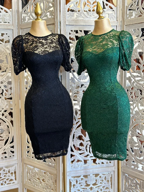 Save Up to 50% Off!Lace Mock Neck Puff Sleeve Dress- Stretchy