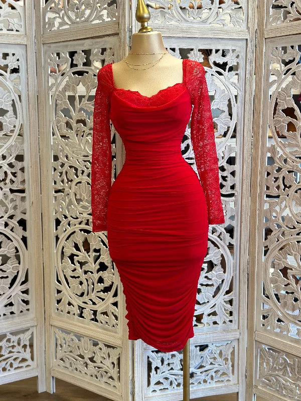 Shop Before It’s Gone!Lace Sleeve Ruched Dress- Stretchy