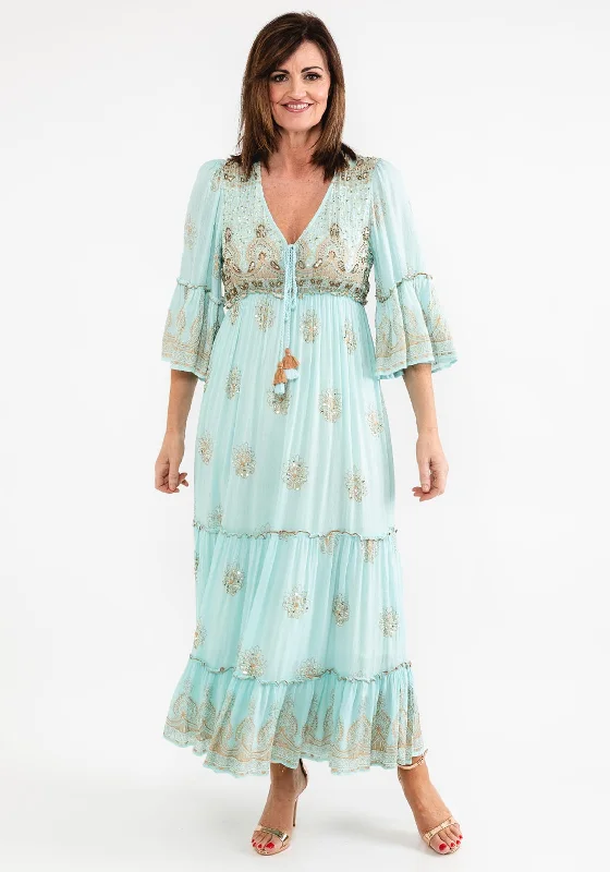 Crazy Discounts Inside!Seventy1 One Size Embellished Smock Maxi Dress, Duck Egg