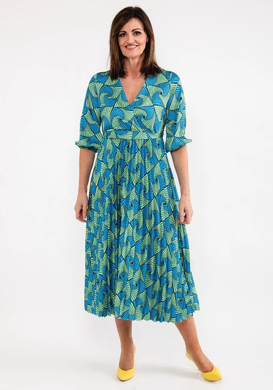 The Best Sale of the Year!Seventy1 One Size Fan Print Pleated Maxi Dress, Blue Multi