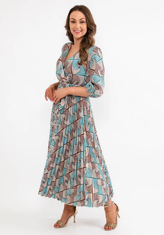 Price Drop Alert!Seventy1 One Size Fan Print Pleated Maxi Dress, Teal Multi