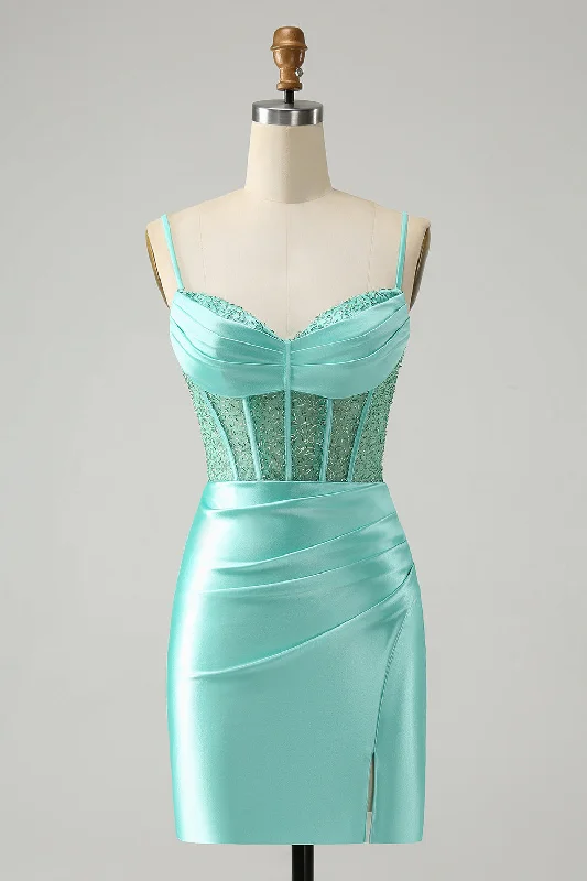Seasonal Sale – Shop Now!Light Green Spaghetti Straps Bodycon Corset Satin Graduation Dress with Slit