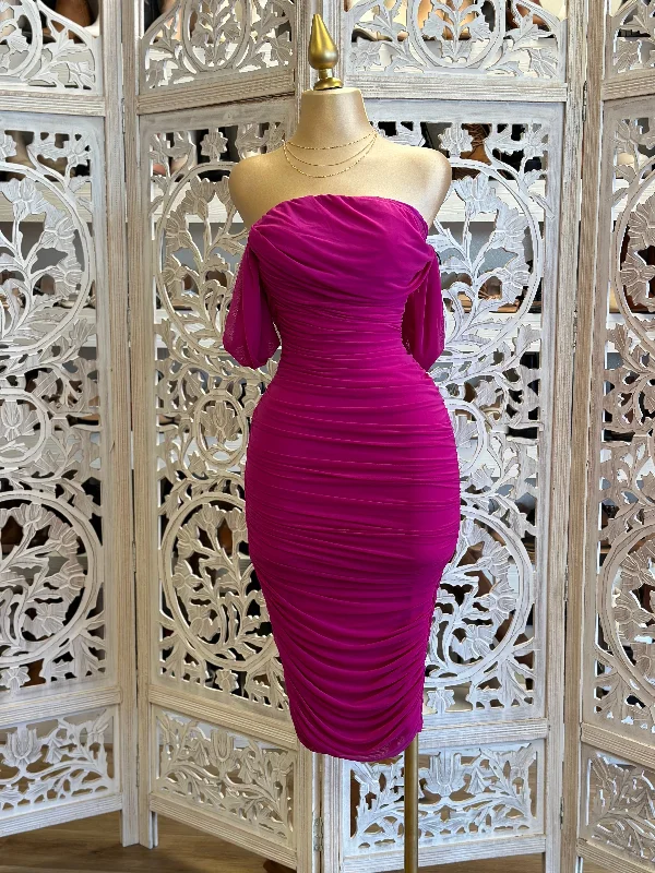 Get Ready to Save!Magenta Off Shoulder Midi Ruched Dress- Stretchy