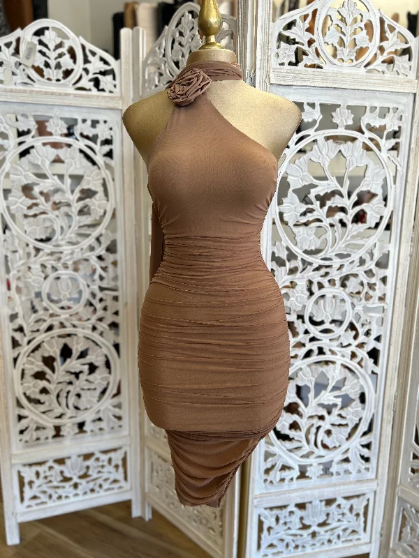 Shop More, Spend Less!Mocha Ruched Flower Detail Dress- Stretchy