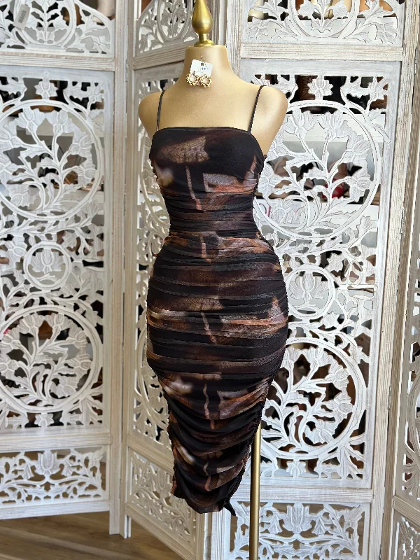 Best Deals Just for You!Multicolor Print Midi Ruched Dress- Stretchy