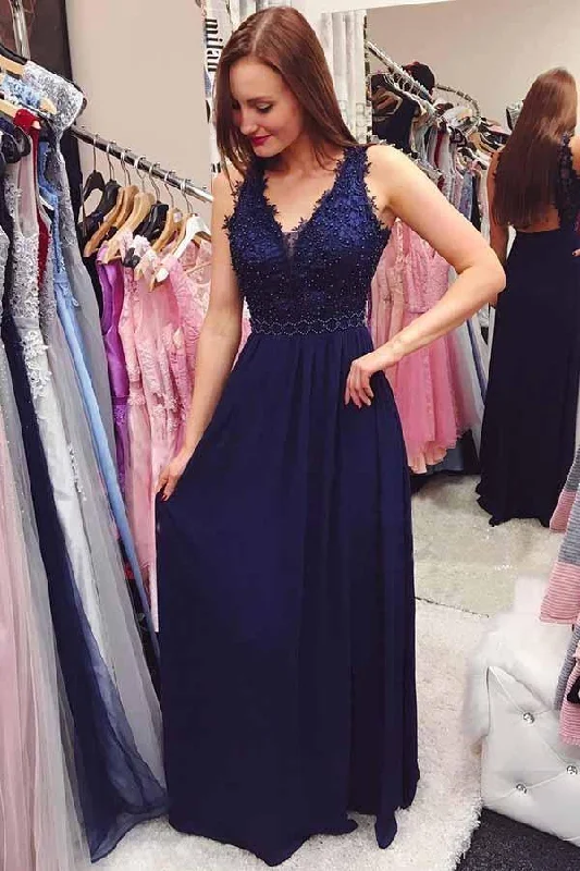 Don't Miss Out!Navy Blue Beading Chiffon Long Prom Dress with Open Back PG828