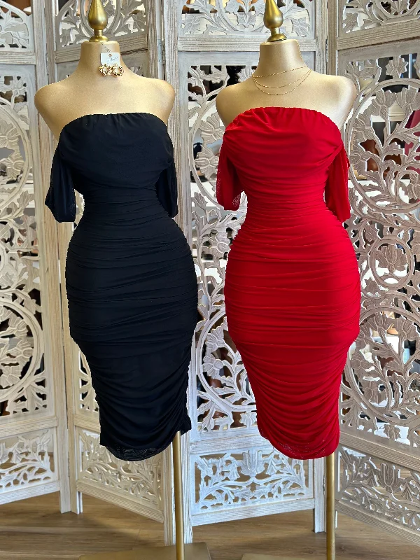 Save More with Every Purchase!Off Shoulder Midi Ruched Dress- Stretchy