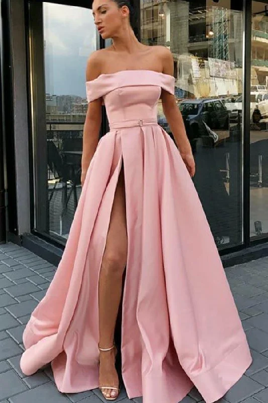 The Sale You’ve Been Waiting For!Off the Shoulder A-Line Sweep Train Split Front Pink Prom Dress with Belt PG830